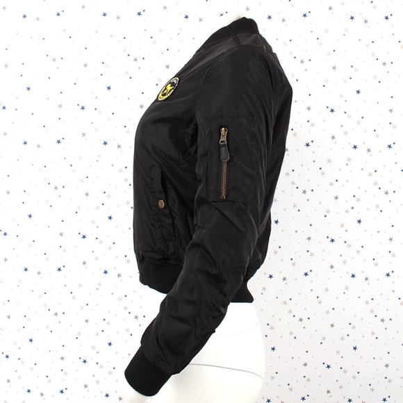 Fur Lined Short Bomber Jacket Patches Black - Picture 8 of 12